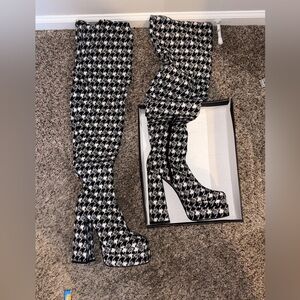 Fashion Nova Black & White Houndstooth Over-the-Knee Platform Boots